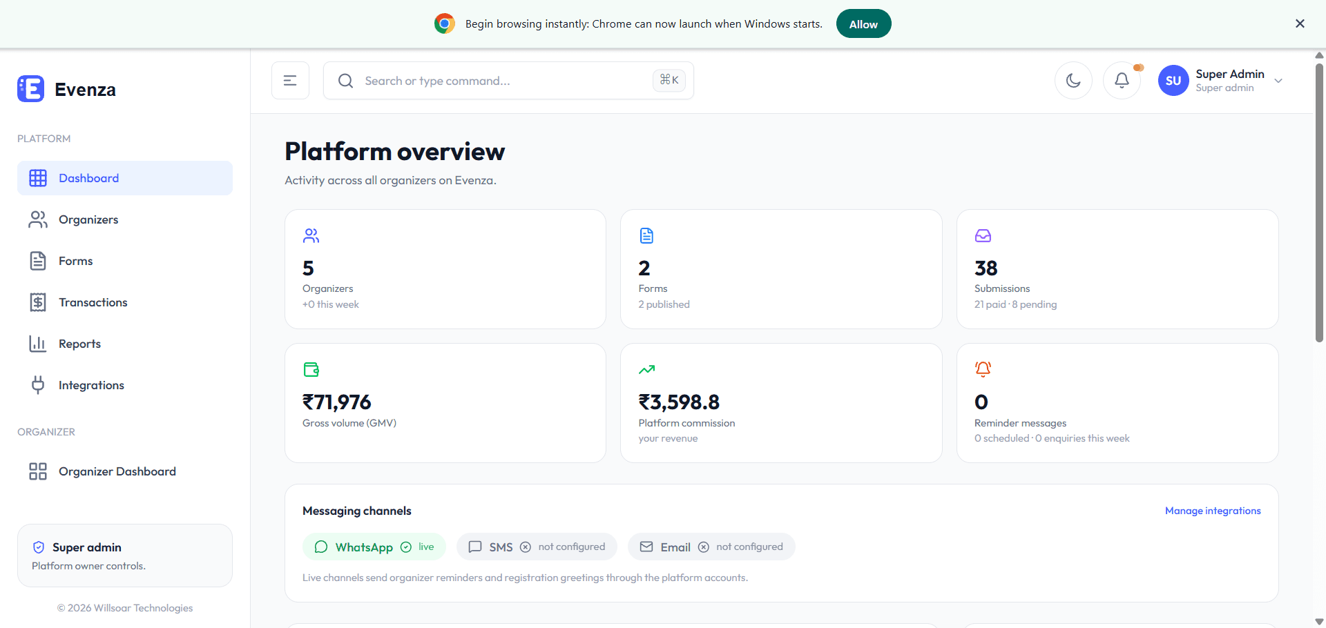 Evenza interface, view 2