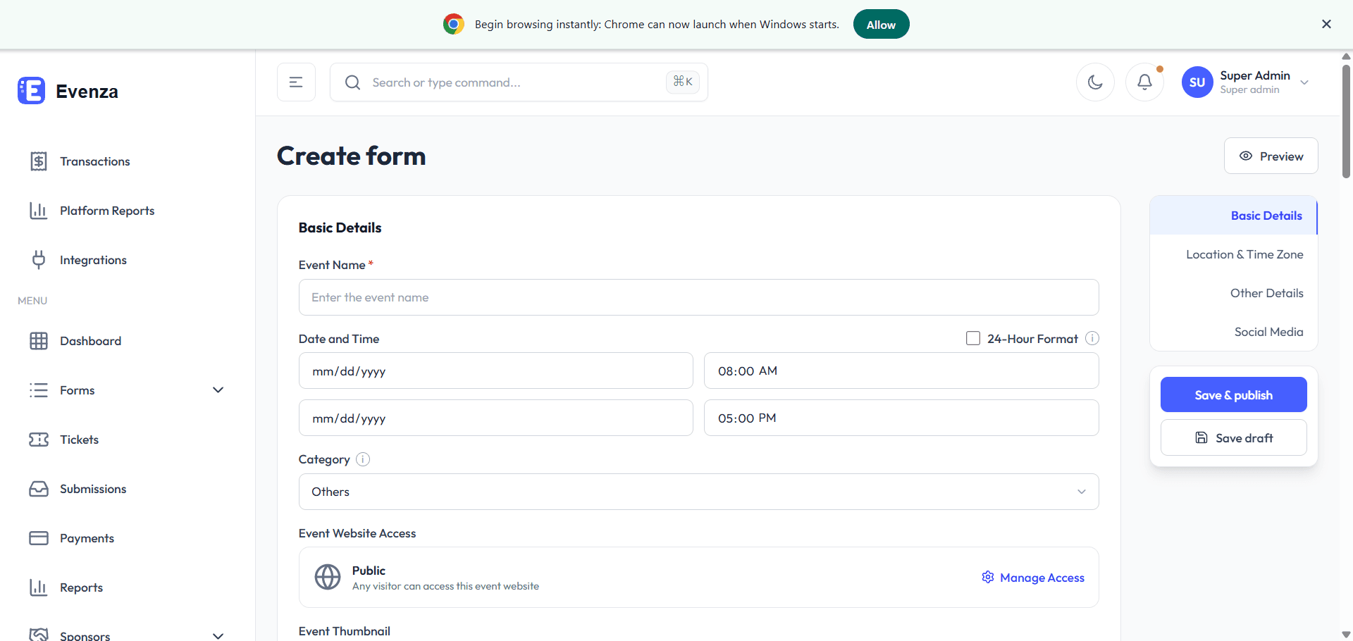 Evenza interface, view 3
